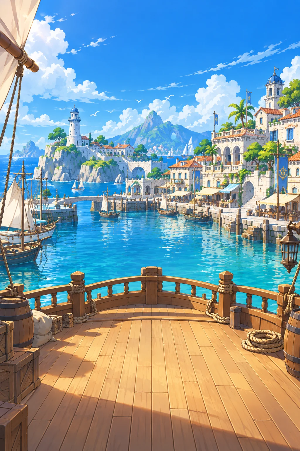 A bright island harbor with sailboats and white stone towers